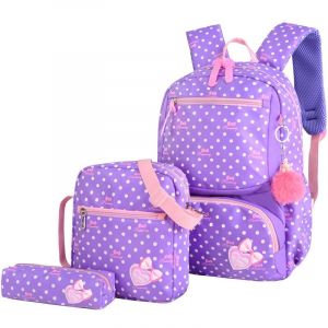 Lot de 02 sacs et une trousse motif pois avec pendentif pompon violet avec un fond blanc