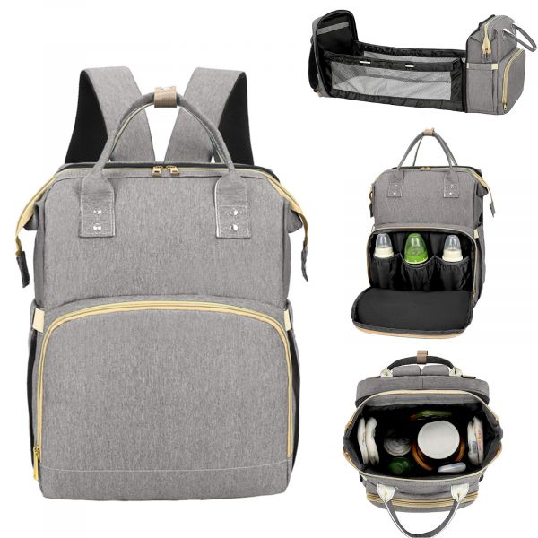 Wickeltasche Mit Faltbarem Babybett - Grau - Handtasche Das Handgepäck