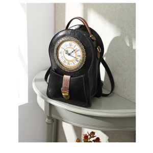 Vintage Rucksack Uhr schwarz und braun mit einem Boden, graues Regal