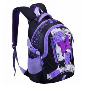 Farbiger Mädchen-Rucksack mit lila und schwarzem Schmetterlingsmotiv auf weißem Hintergrund