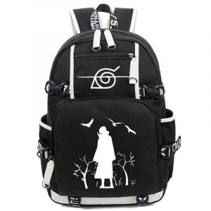 Schwarz-weißer Rucksack mit Itachi-Motiv und Seitentaschen